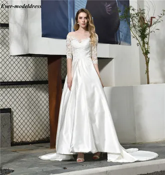 

Vestido 2019 New Wedding Dresses Half Sleeves Lace Appliques Sheer Scoop Lace-Up Back Garden Bridal Gowns Court Train