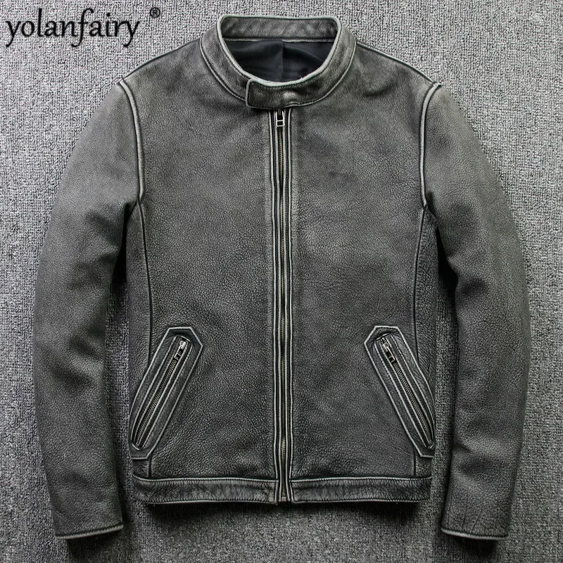 Мужская кожаная куртка YOLANFAIRY Geniune винтажное пальто из коровьей кожи большие