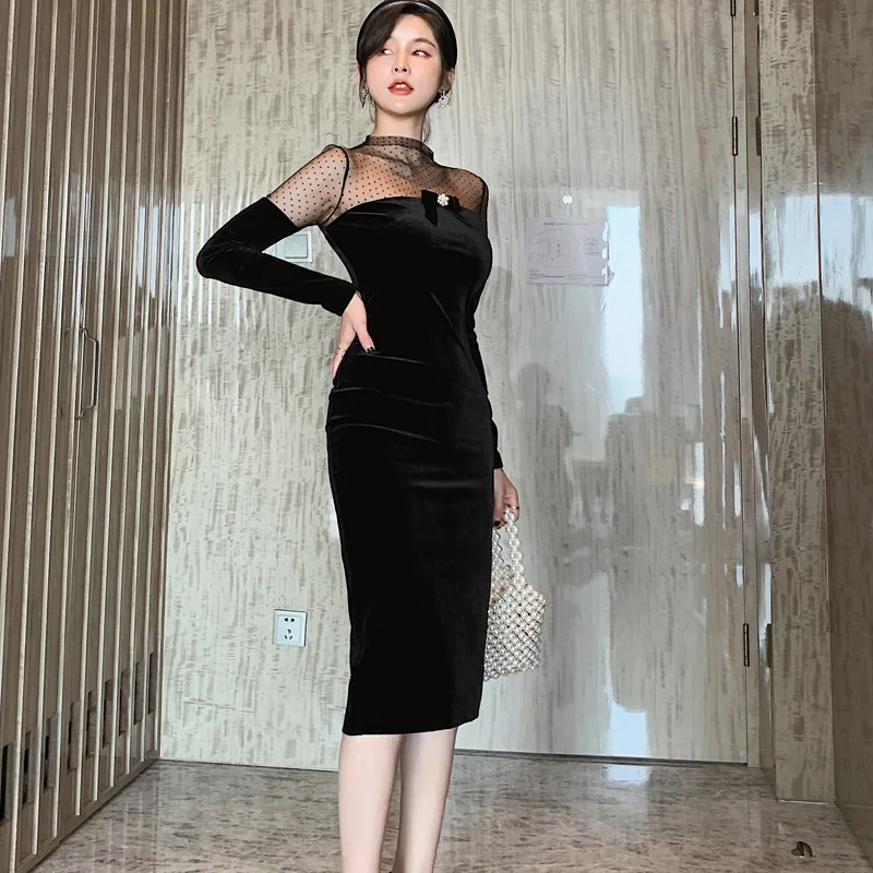 black velvet dress with sheer sleeves