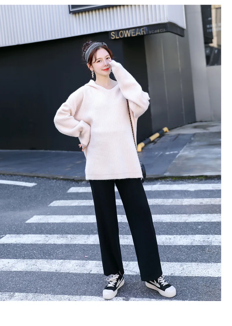 Hooded V-Neck Maternity Sweater Solid Color Maternity Clothes Winter Outerwear Loose Knitted Top Pregnancy Sweater Elegant