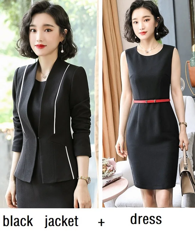 black jacket dress Женские костюмы тонкий осенний пиджак платье 2 шт набор OL формальные деловые женские платья костюмы женский комплект костюмы 8161 - Цвет: black jacket dress
