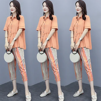 

2020 Summer Two Piece Shorts Set Business Suit Women's 2020 Summer Clothes Leisure Temperament Age-reducing Cotton Suit Women