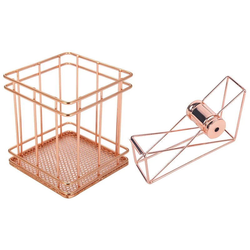 

2 Pcs Office Stationery: 1 Pcs Metal Tape Holder Tape Cutter Of Life Tape Dispenser & 1 Pcs Wire Net Pencil / Pen Cup Square Iro