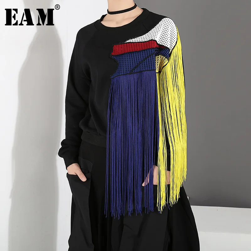 

[EAM] Loose Fit Colorful Tassels Split Joint Sweatshirt New Round Neck Long Sleeve Women Fashion Tide Autumn Winter 2019 1D761