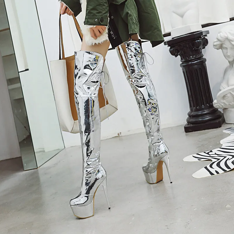 women's 14cm extremely high stiletto heels night club dance thigh high boots ladies platform shiny silver over-the-knee boots 48