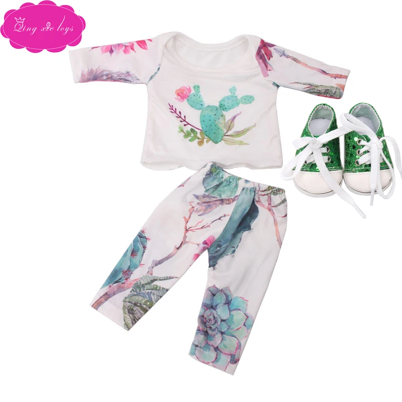 18 дюймов куклы для девочек детская одежда белая футболка с принтом+ Штаны с обувью американская платье для новорожденных детские игрушки подходит 43 см для ухода за ребенком для мам, детские куклы, c185 - Цвет: Green