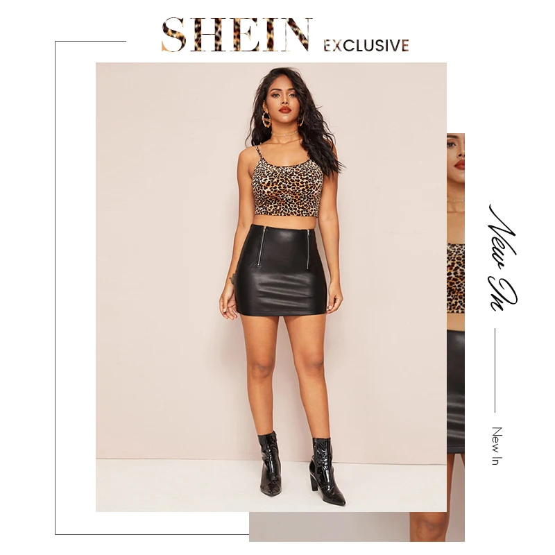 SHEIN черная однотонная пикантная облегающая юбка из искусственной кожи на молнии спереди, Женская юбка, Осенние Гламурные женские облегающие кожаные мини-юбки