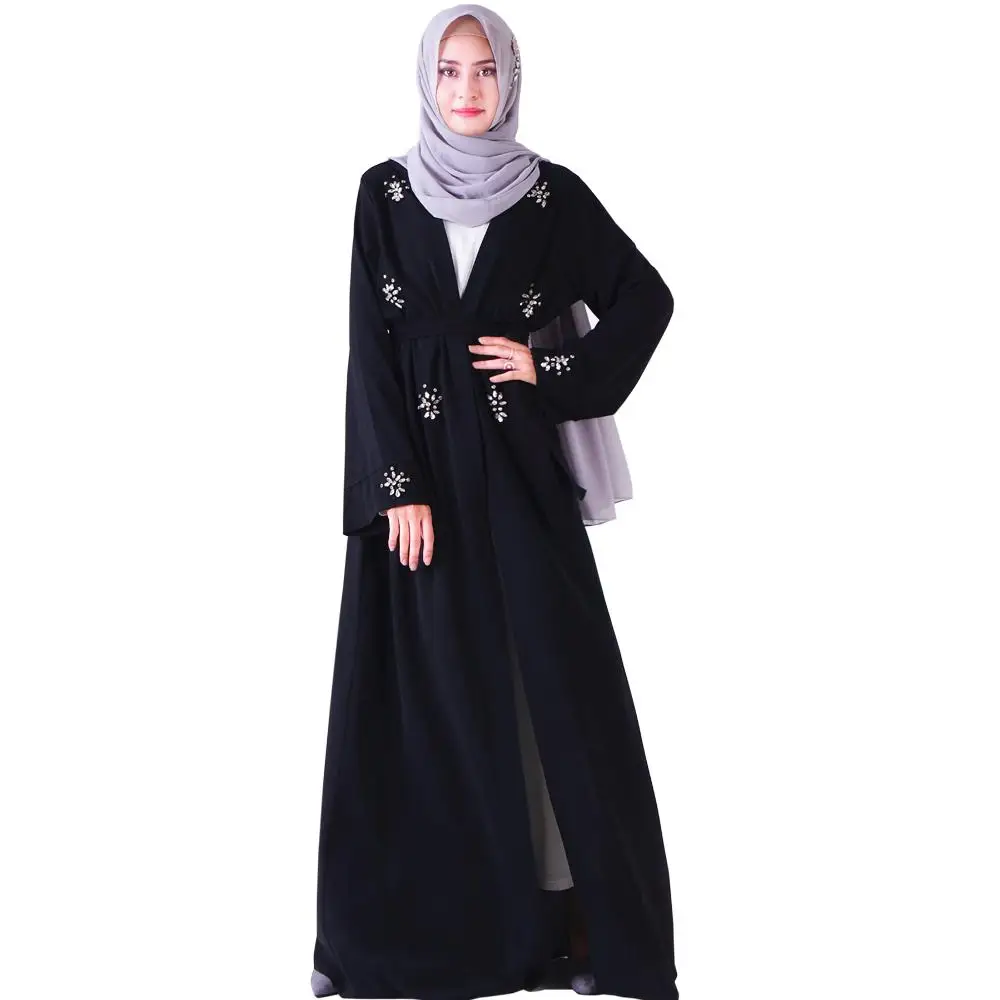 Черный Мусульманский Кардиган со стразами и бусинами abaya длинное платье кимоно длинные халаты Jubah Дубай Ближний Восток Рамадан Арабский исламский одежда - Цвет: Черный