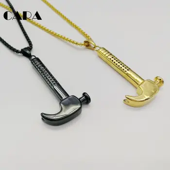

New Gold Color Hammer pendant necklace mens fashion plated 316 stainless steel Hammer tool necklace hip hop jewelry CARA0296