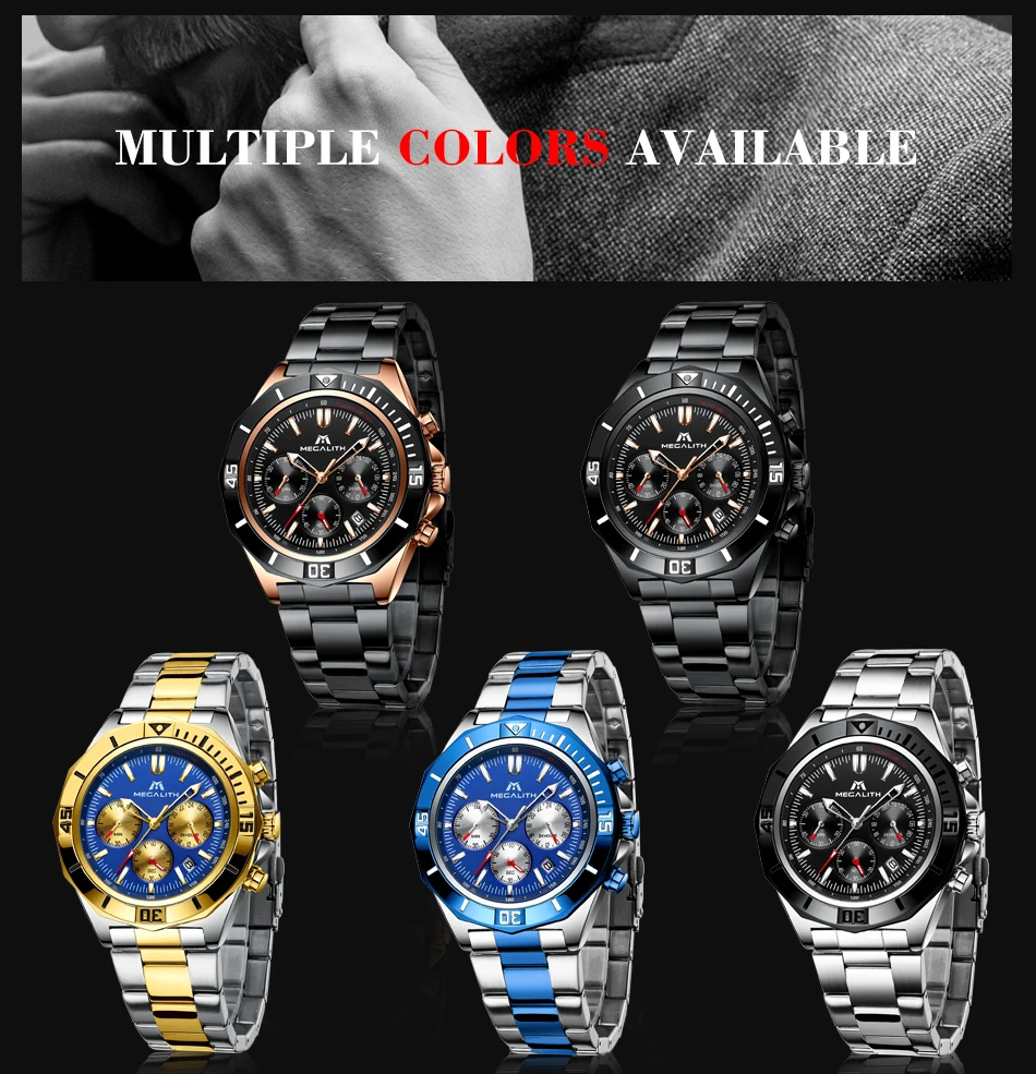 MEGALITH мужские часы из стали спортивные водонепроницаемые часы мужские светящийся хронограф часы брендовые роскошные часы Relogio Masculino 8206