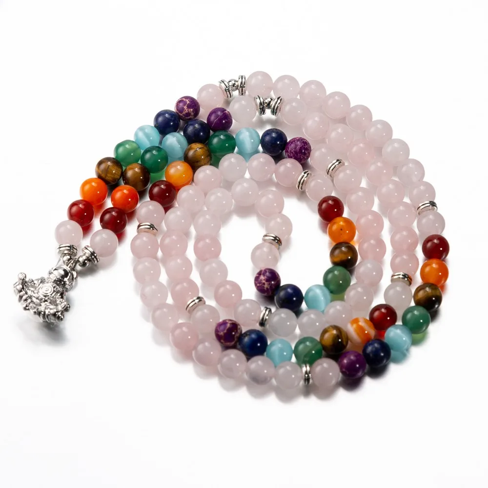 Женские 108 бусины, розовые камни, эластичные браслеты, Lotus OM, Будда, молитва, любовь, массивные ювелирные изделия