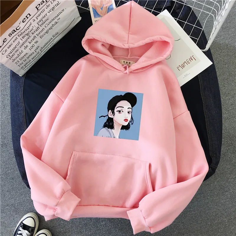 Зимняя теплая негабаритная толстовка с капюшоном Женская мода Harajuku Женский пуловер Kawaii Белая Толстовка Топы женские плюс бархат