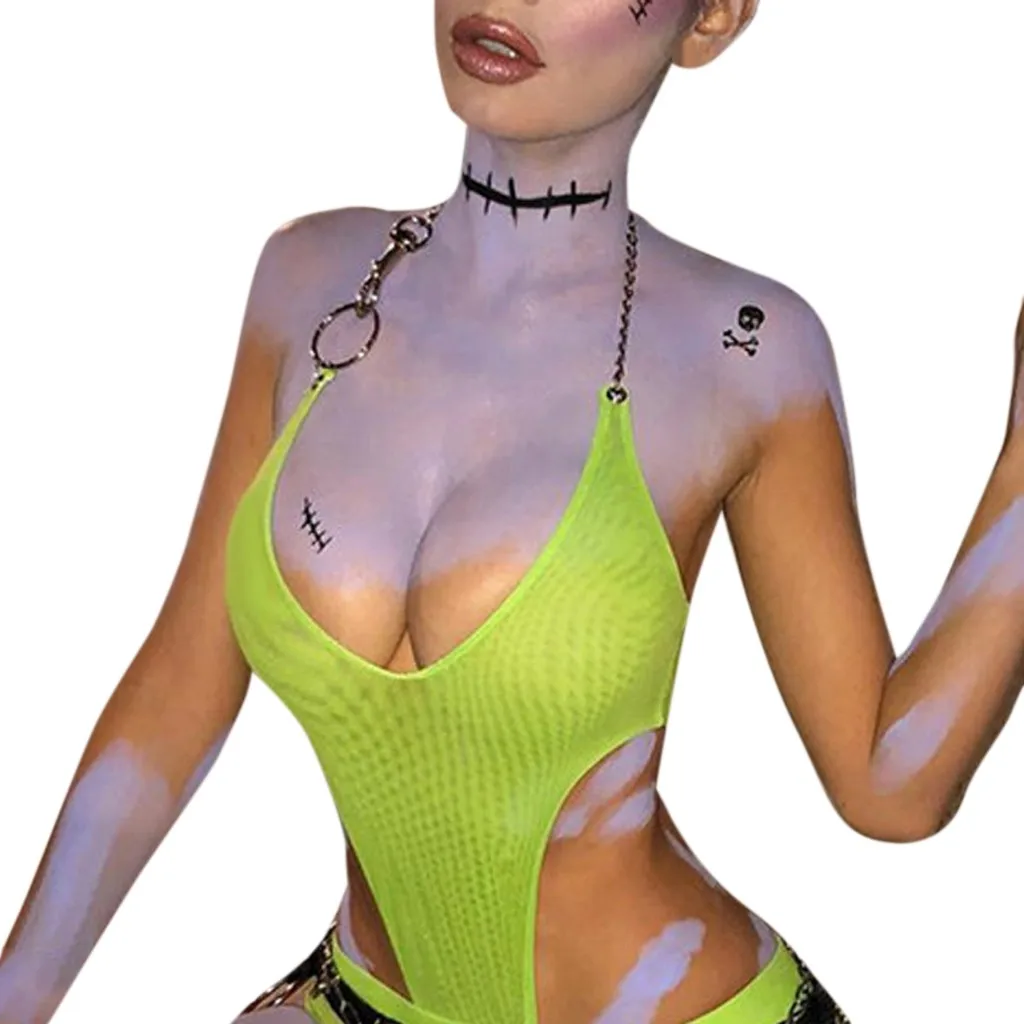 New Sexy Womens Teddies V-Neck Bodycon Sleeveless Bodysuit Short Vest Slim Jumpsuit Polyester Casual Coforatable Latex - Цвет: Green