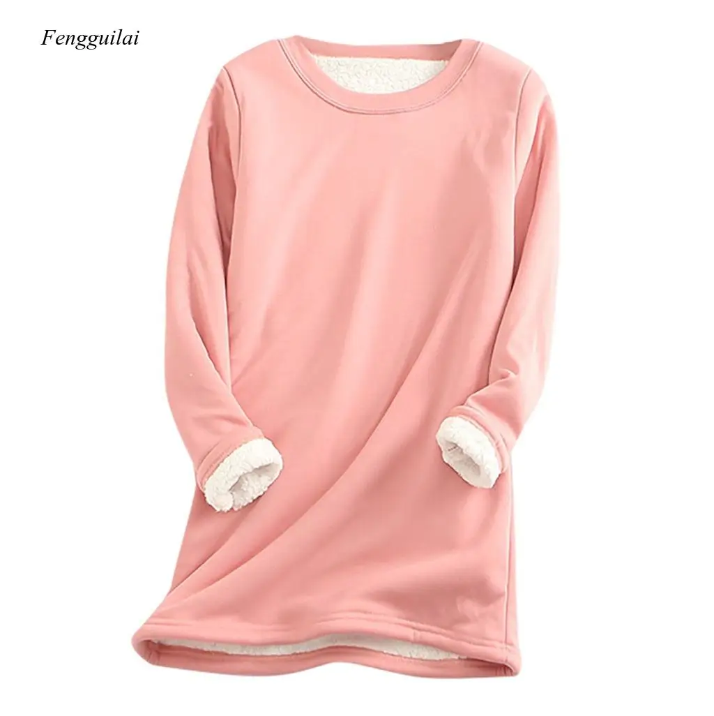 

2020 Winter Women Thick Fleece Sweatshirt Velvet Warm Solid O-Neck Underwear Blouse Tops