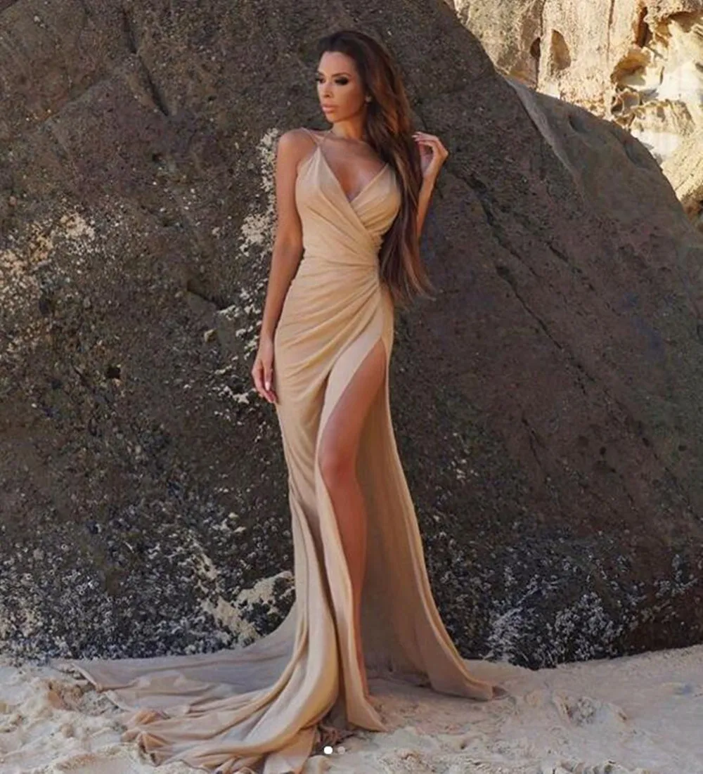 Sexy Long V-Neck Champagne Chiffon Prom Dresses with Slit Open Back Robe De  Soiree Sweep Train A-Line Formal Party Gown robes de