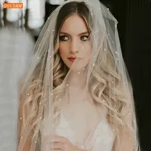 Иллюзия два слоя 75 см короткая белая свадебная вуаль с расческой жемчуг мягкий тюль цвета слоновой кости свадебные вуали дешевые аксессуары для невесты