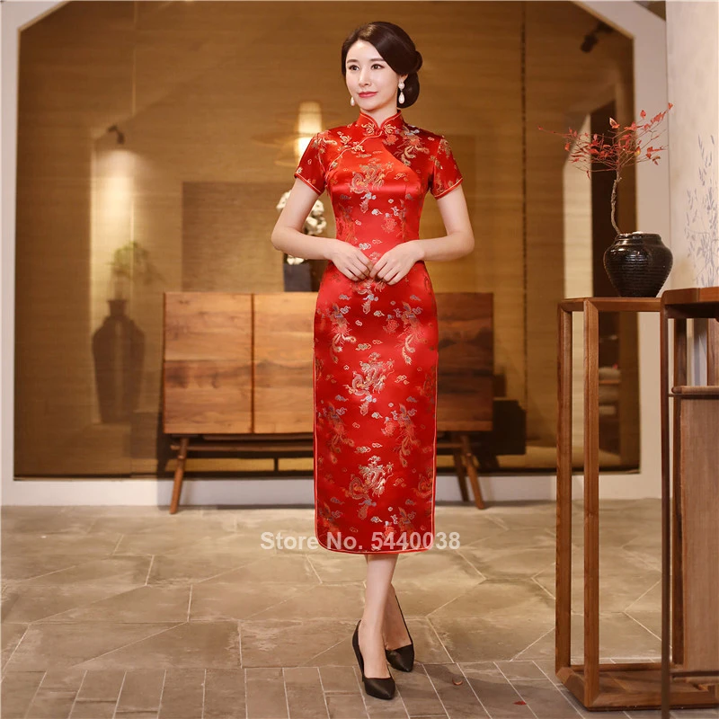 Китайский стиль традиционная одежда Cheongsam Qipao для женщин Винтаж невесты Свадебные красный узор печатных атласное платье длинное Vestido