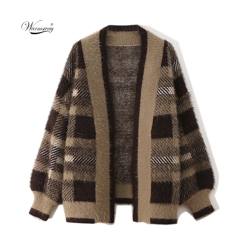 

Fashion Autumn Winter Imitation Mink Velvet Women's Cardigans Stripe Plaid Knitted Loose Thick Sweater Coat CY-059