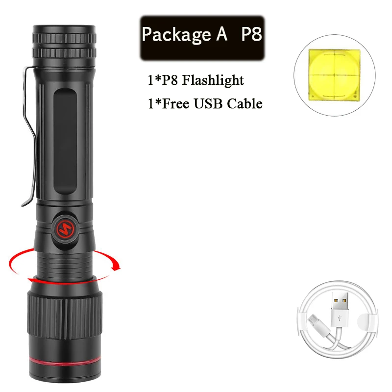 Яркий фонарик, P8 светодиодный фонарь, USB Перезаряжаемый фонарик, фонарь с зумом, мощный охотничий фонарик, водонепроницаемый фонарь 18650 - Испускаемый цвет: Package A