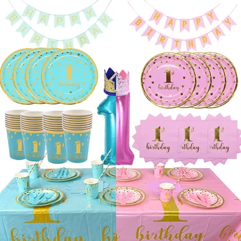 

1st Boy/girl Birthday Party Decoration Supplies Blue/pink Disposable Tableware Set Paper Plate Cup For Baby Shower Kids Birthday