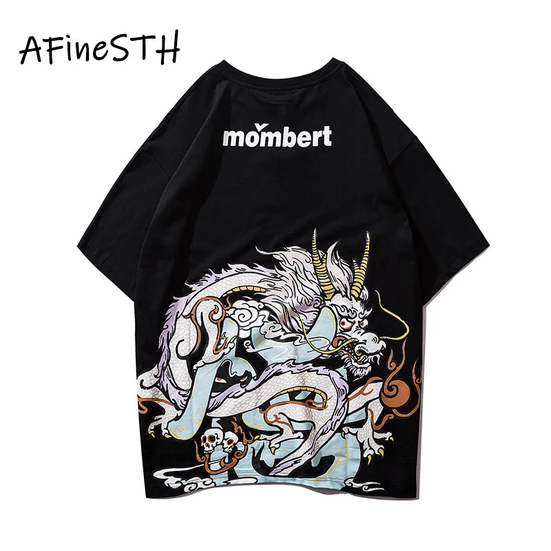 

AFineSTH Letter Hip Hop Cotton T-shirt Chinese Style Dragon Print Streetwear O-neck Short Sleeve Tees Summer Teen Letter T-shirt