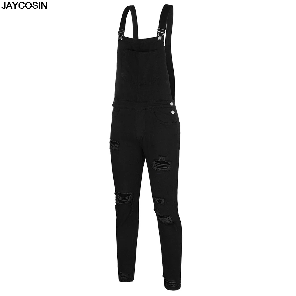 KLV Fashion Men's Overall Casual Jumpsuit Jeans Wash Broken Pocket Trousers Suspender Pants Leisure Casual Breathable hot 9807