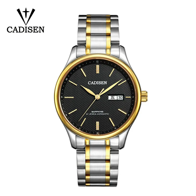 CADISEN Модные мужские автоматические механические часы спортивные часы для отдыха Бизнес Военные часы 5ATM Календарь Неделя двойной дисплей - Цвет: Black Gold