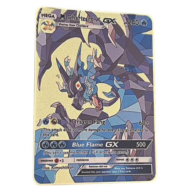 Diy Mega Charizard Gx Golden Pokemon Cards In English Iron Metal Pokmo Letters Kids Gift Game Collection Cards Rainbow Game Collection Cards Aliexpress