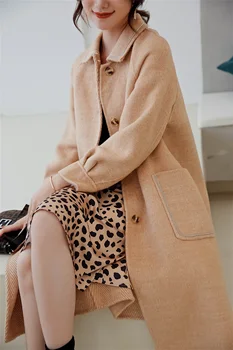 

100% wool solid color coat women's double-faced coats womens Medium length slim cashmere Suit collar woolen coat Women's