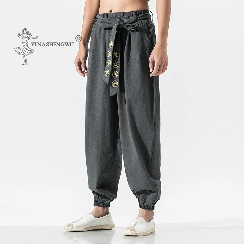 Japanese Casual Kimono Pants Loose Harajuku Trousers Japan Men Traditional Asian Clothing Yukata Style Embroidered Harem Costume