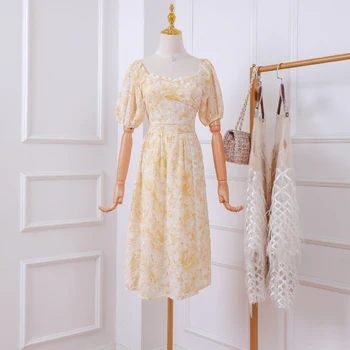 

New summer floral embroidery yellow Split dress woman puff sleeve square collar runway design a line dress female party bodycon