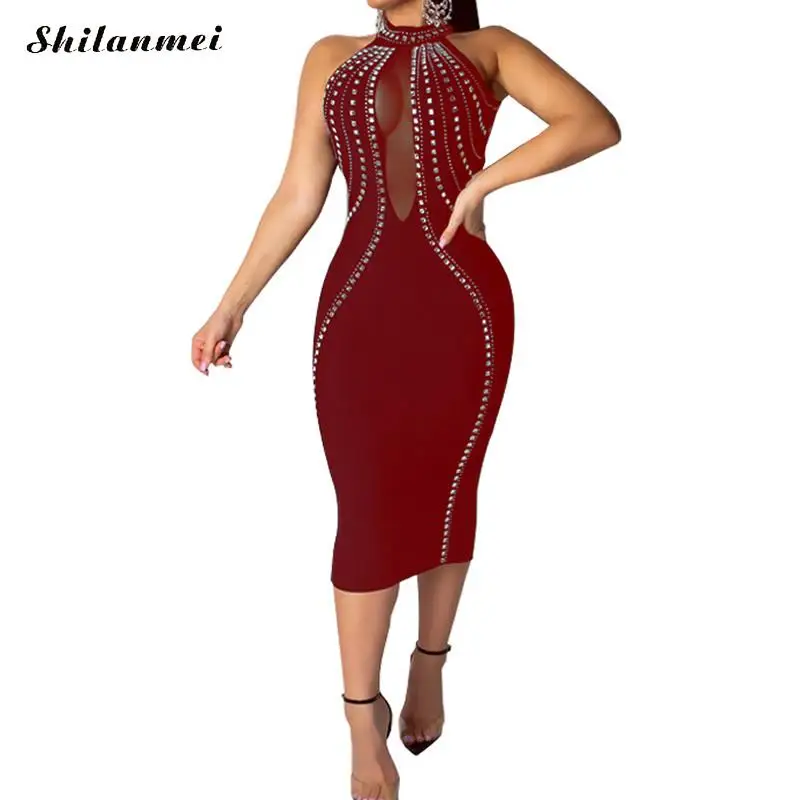 Halter Bodycon Evening Party Dress Women Hollow Out Rivet Design Sexy Club Sheath Dress Transparent Mesh Midi Bangdage Dress - Цвет: red