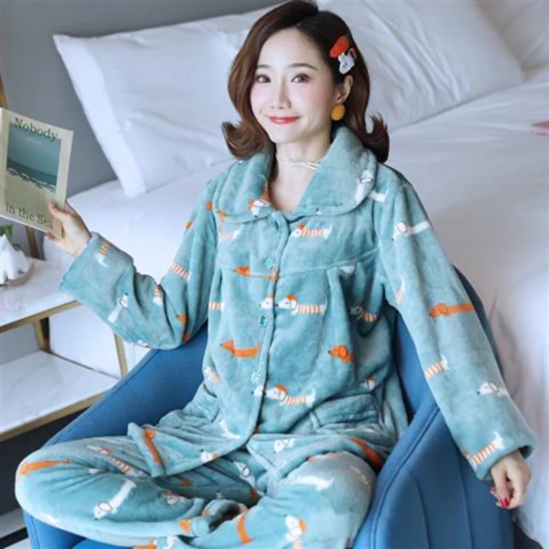 Зимний пижамный комплект, Женская Фланелевая пижама на пуговицах, теплая Сексуальная плюшевая одежда для сна, большой размер, Женская домашняя одежда для мамы, модные пижамы - Цвет: Style 1