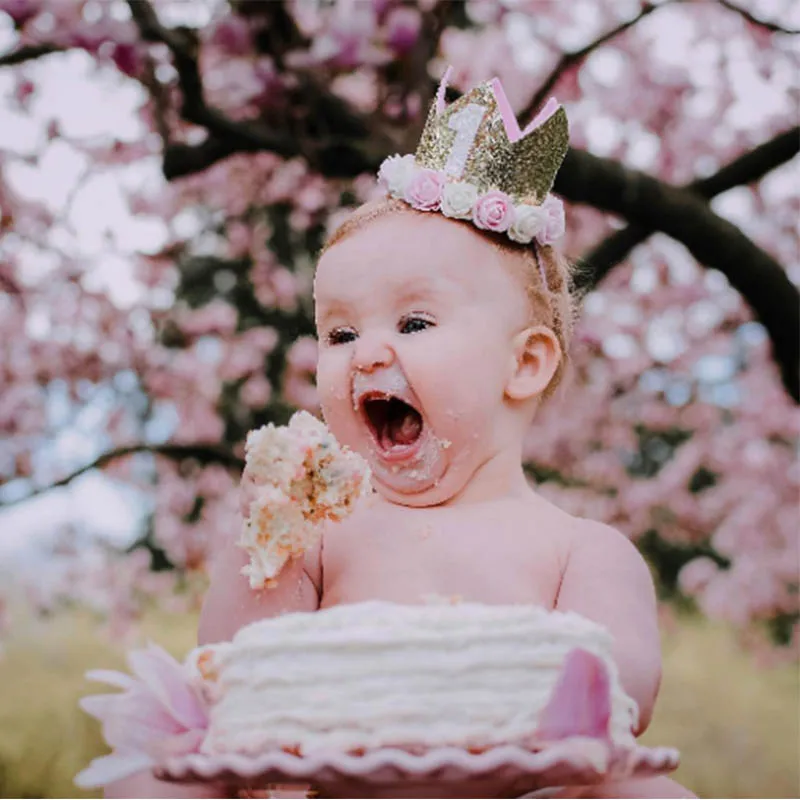 1st Birthday Party Decor Hat Kids 1 2 3 Year Happy Birthday Boy Girl First Party Baby Shower Decor Pink Crown Hat