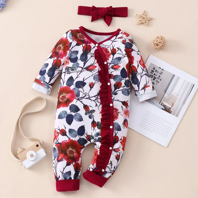 

Spring Fall Baby Clothes Girl Baby Jumpsuits 2 Pcs Flower Print Long Sleeve Baby Rompers+headband Boho Baby Girl Romper 0-18M
