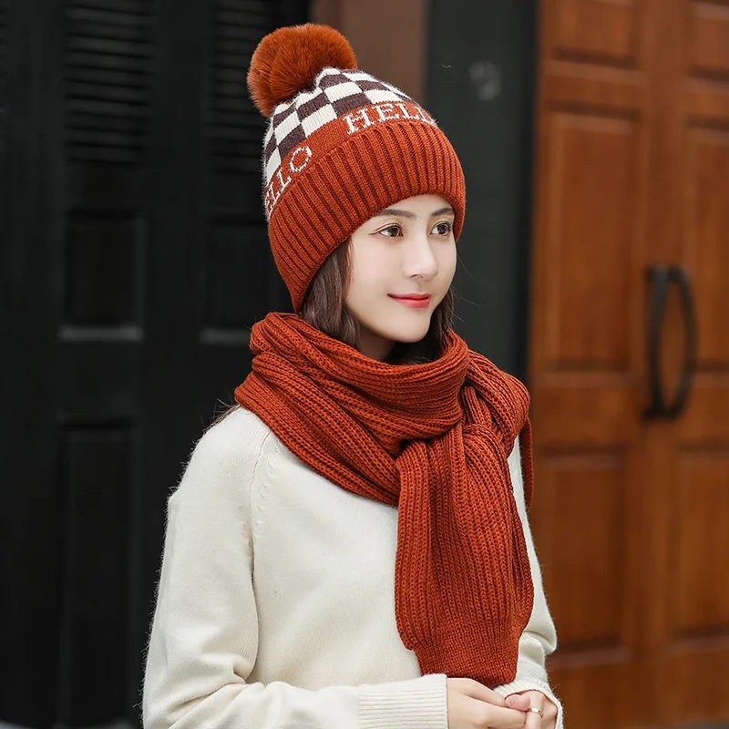 Caramel color Модный зимний комплект из шапки и шарфа для женщин, Толстая шерстяная шапка с помпонами, шарообразные шапки, шарфы, зимние теплые шапки для девочек - Цвет: Caramel color