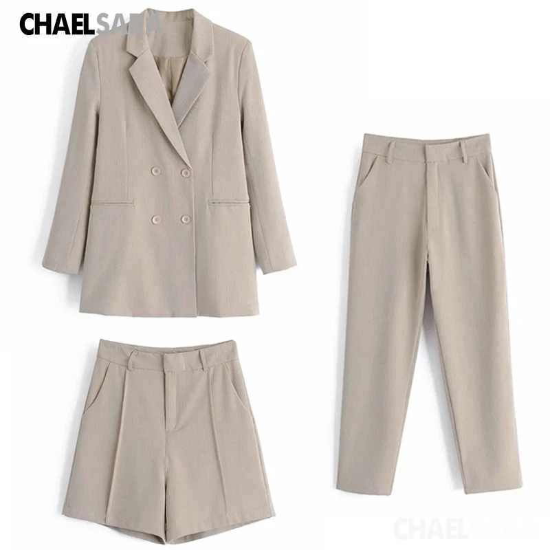 

Spring Autumn Women Khaki Office 2 Pieces Set Blazer Jacket Coat+Pencil Pant Suits Female Casual Outfits