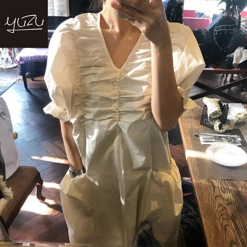 

Summer Clothes For Women V-neck Short Butterfly Sleeve Draped Front Pocket Vintage Solid Black White Mid-calf Dresses