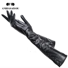 Женские перчатки с девятью пуговицами, сохраняющие тепло женские зимние перчатки, женские длинные перчатки 50 см, черные женские кожаные перчатки-771