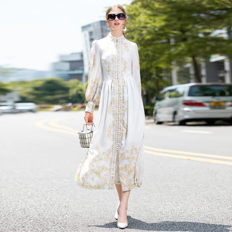 

Long Dress Runway High Quality Spring Autumn New Women'S Fashion Workplace Party Casual Vacation Sexy Beach Boho Vintage Elegant Chic Button Flower Print Long Sleeve Dresses