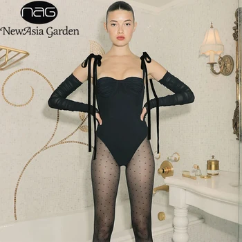 

NewAsia Bow Lace Up Sexy Bodysuits Mesh Sleeve Off Shoulder Bodysuit Women Tie Up Straps Rompers 2020 Casual Backless Jumpsuits