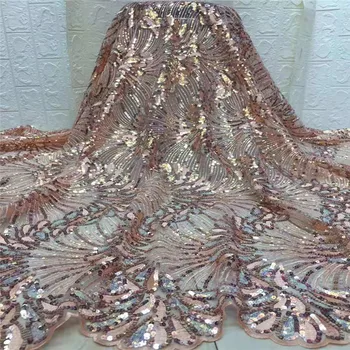 

2019 African Net Lace Fabric, High Quality Onion Sequins Nigerian Wedding Lace Fabrics 5Yards Sequins French Tulle lace