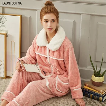 

Women's Pajama Set Warm Flannel Pajamas Sleepwear Thick Winter Velvet Female Pyjamas Suit Loungewear Two Piece Homewear Clothes