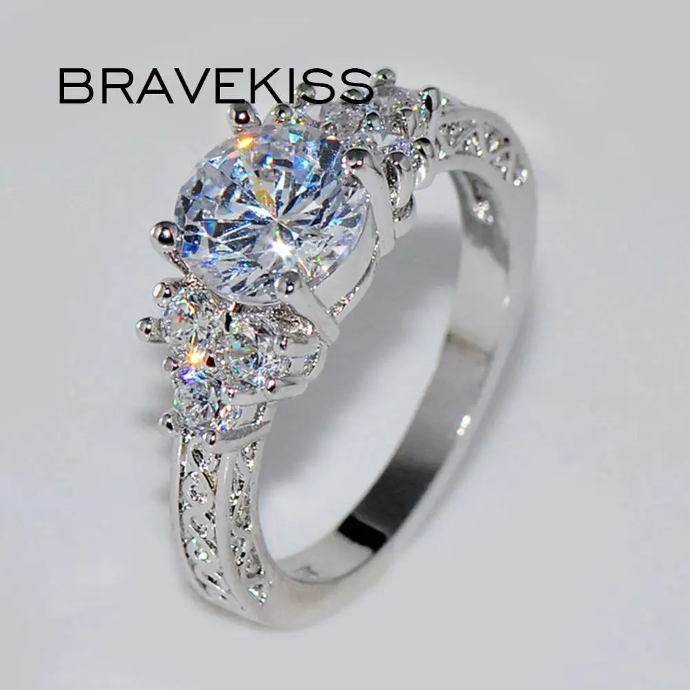 

BRAVEKISS Zircon Stone Crystal Ring White Gold Ring Promise Ring Luxury Statement Wedding Couple Korean Accessories BUR0530