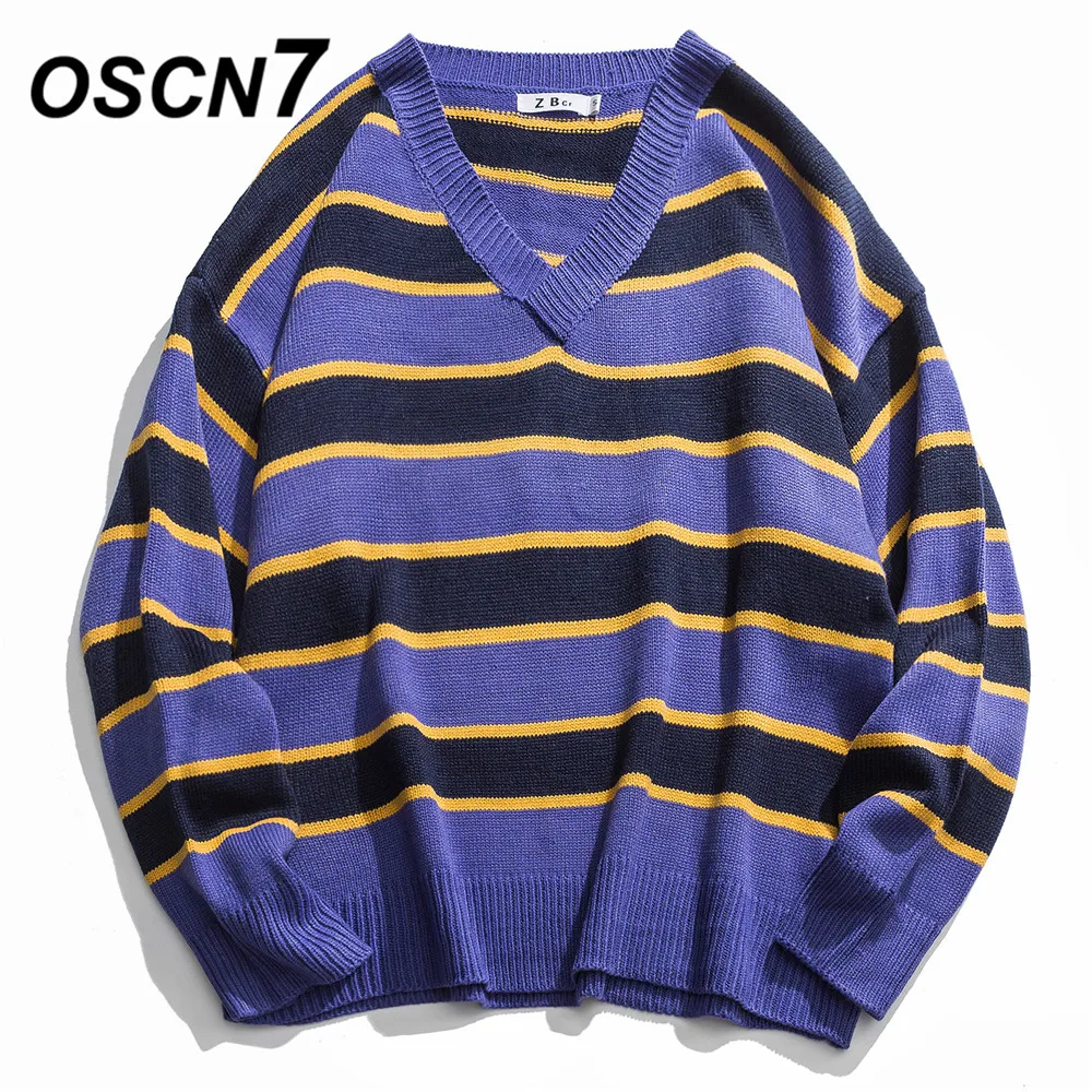 

OSCN7 Funny Stripe Sweaters Men 2019 Autumn High Streetwear Fashion Mens Pullovers V Neck Vintage Sweaters 40192