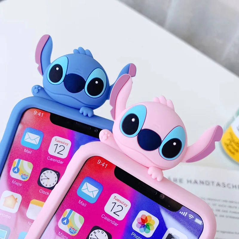 Cute Cartoon 3D Stitch Support Phone Case For iPhone X Xs XR Xsmax 7 7 Puls  6 6S 7 8 Puls Cases Luxury Soft Slicone Back Cover