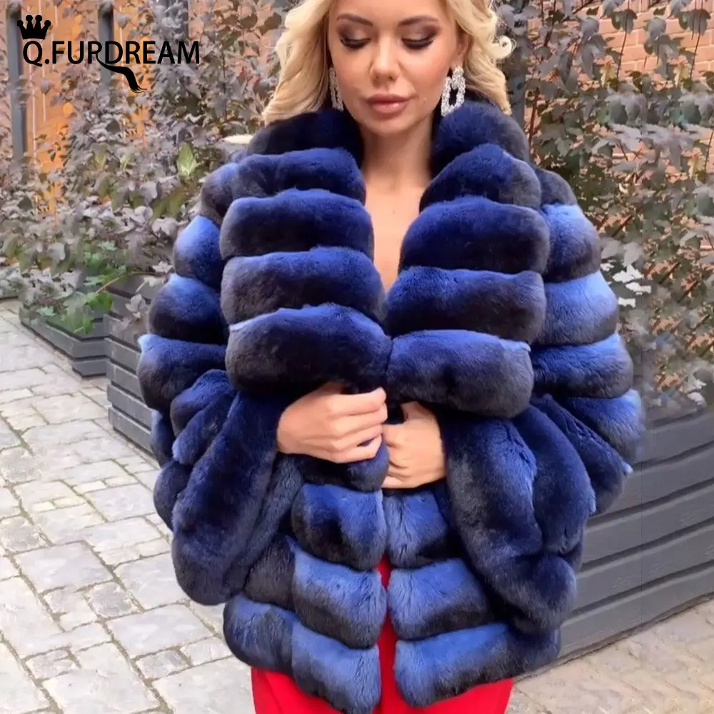 Q.FURDREAM New Natural Rex Rabbit Fur Coat Width Sleeves Big Lapel Luxury  Fashion Winter Warm Thick Stripes Woman Clothing