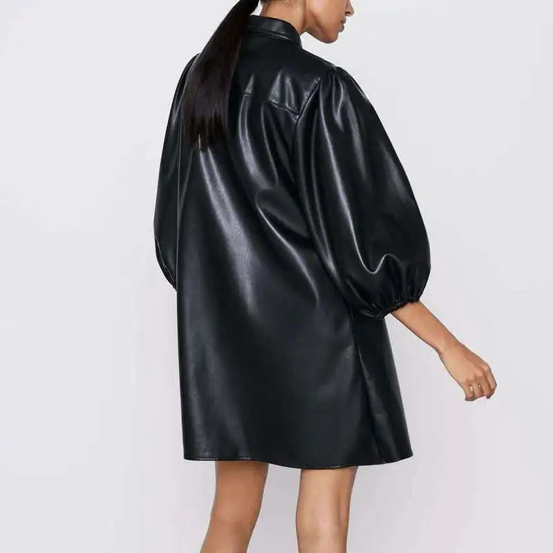 Black Pu Faux Leather Short Sleeve Turn-down Collar Dress