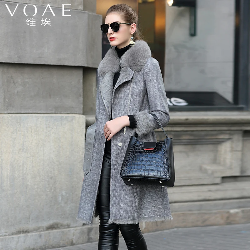 Куртка из натуральной кожи с воротником из лисьего меха, зимнее пальто, женская одежда, винтажное Двустороннее пальто из овчины, шерстяная подкладка, топы - Цвет: gray