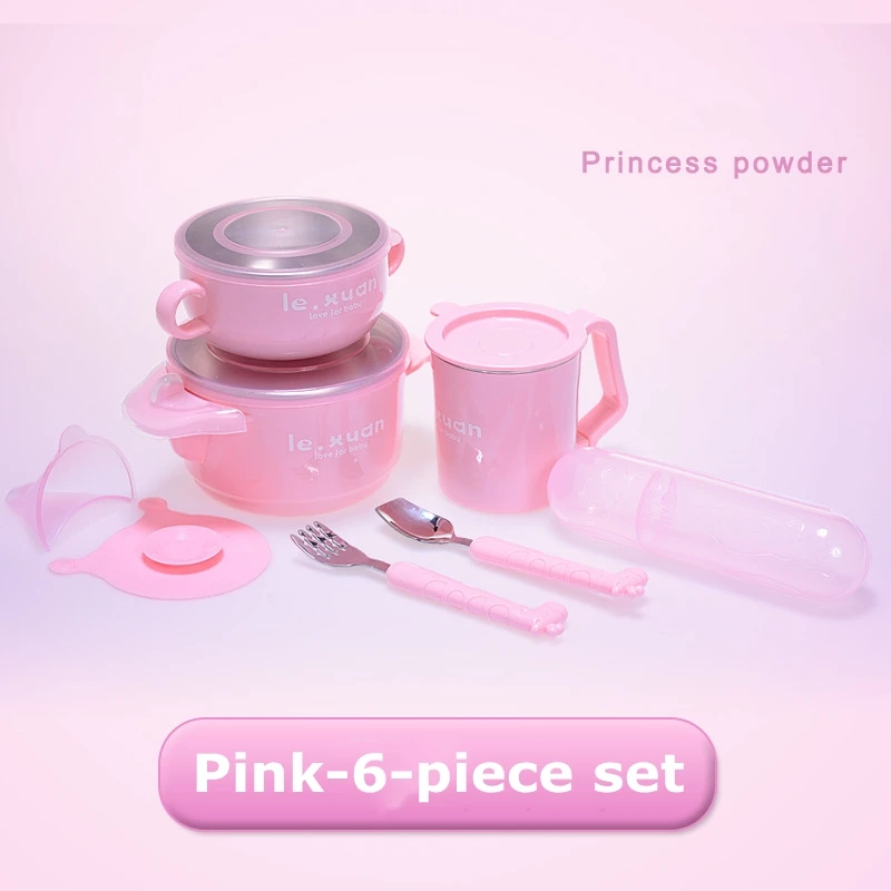 Pink-6pcs 4 шт./компл. Детские чаша ложка Вилка питания Еда посуда детская посуда, столовая посуда с защитой от перегрева нержавеющая сталь детского Еда набор - Цвет: Pink-6pcs